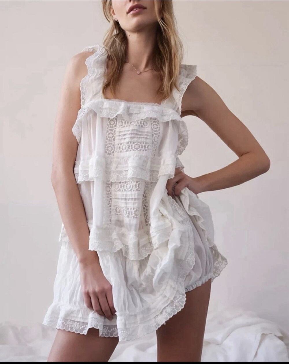 Intimately Free People Tiered And True Romper Dress Lace Ruffle Cotton S Boho